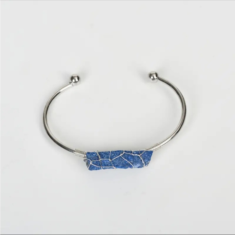 Silver Tone Bangle with Wire Wrapped Genuine Lapis Lazuli Crystal Stone Bracelet